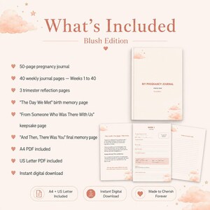 May include: A blush-coloured pregnancy journal set featuring a 50-page book titled My Pregnancy Journal, Blush Edition. Includes 40 weekly pages, trimester reflections, and memory pages. Digital download includes A4 and US Letter PDF formats.
