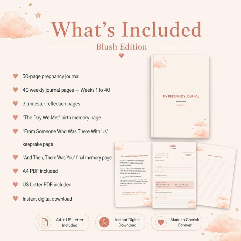 May include: A blush-coloured pregnancy journal set featuring a 50-page book titled My Pregnancy Journal, Blush Edition. Includes 40 weekly pages, trimester reflections, and memory pages. Digital download includes A4 and US Letter PDF formats.