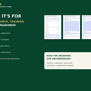 May include: A dark green informational graphic featuring the Pirusta Professional Security Forms brand. It displays three white document templates, a list of target roles, and a text box titled Built for Organised Site Documentation.