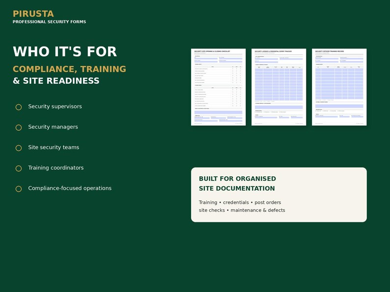 May include: A dark green informational graphic featuring the Pirusta Professional Security Forms brand. It displays three white document templates, a list of target roles, and a text box titled Built for Organised Site Documentation.
