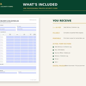 Peut inclure: Un formulaire num&eacute;rique A4 PDF de journal de livraison et de collecte de porte par Pirusta. Le document comprend des sections pour les d&eacute;tails du site et de l'&eacute;quipe, les informations de l'agent de s&eacute;curit&eacute; et une grille pour le suivi.