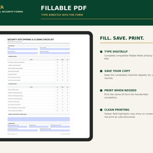 以下が含まれることがあります： Pirustaによるセキュリティサイトの開閉チェックリストフォーム。入力可能なPDFには、サイトの詳細、開閉時のチェック項目、完了署名用の水色の入力フィールドがあり、デジタル入力、保存、印刷の手順が記載されています。