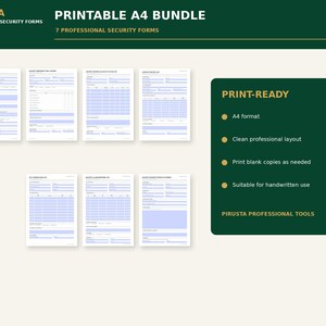 Op de afbeelding: Een digitale bundel van zeven printbare A4-beveiligingsformulieren met een strakke, professionele lay-out en lichtblauwe velden voor gegevensinvoer. De tekst bevat PIRUSTA PROFESSIONAL SECURITY FORMS, PRINTABLE A4 BUNDLE en PRINT-READY.