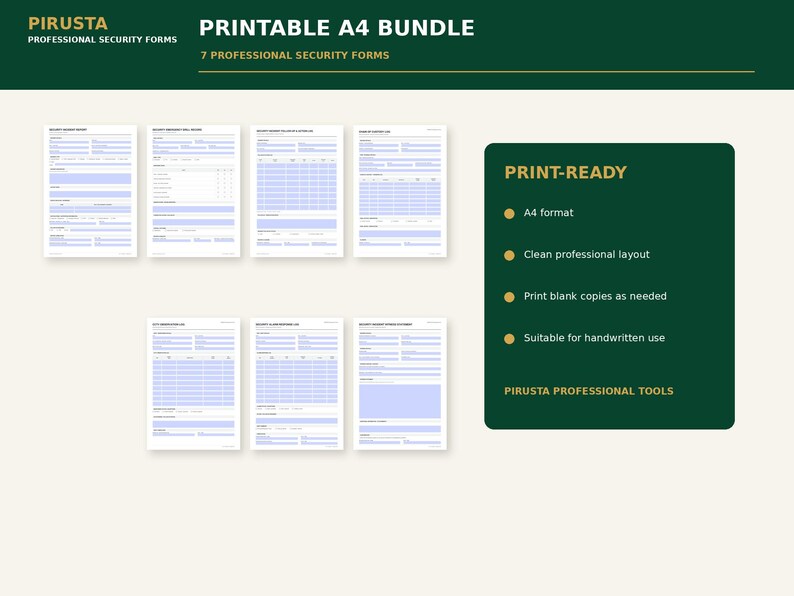 Op de afbeelding: Een digitale bundel van zeven printbare A4-beveiligingsformulieren met een strakke, professionele lay-out en lichtblauwe velden voor gegevensinvoer. De tekst bevat PIRUSTA PROFESSIONAL SECURITY FORMS, PRINTABLE A4 BUNDLE en PRINT-READY.