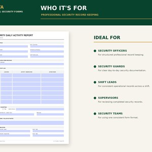 May include: A white security daily activity report form with light blue fillable fields, featuring sections for shift details, access logs, incident reports, and shift completion. The document includes text headers like PIRUSTA and WHO IT'S FOR.