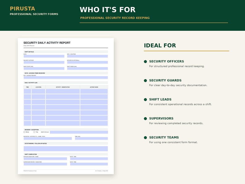 May include: A white security daily activity report form with light blue fillable fields, featuring sections for shift details, access logs, incident reports, and shift completion. The document includes text headers like PIRUSTA and WHO IT'S FOR.
