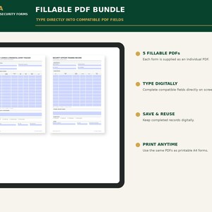 May include: A digital bundle of five fillable PDF security forms by Pirusta, featuring a security license and credential expiry tracker and a security officer training record. The forms include fields for digital entry, saving, and A4 printing.