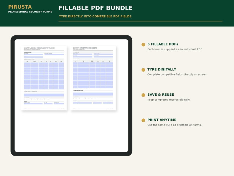 May include: A digital bundle of five fillable PDF security forms by Pirusta, featuring a security license and credential expiry tracker and a security officer training record. The forms include fields for digital entry, saving, and A4 printing.