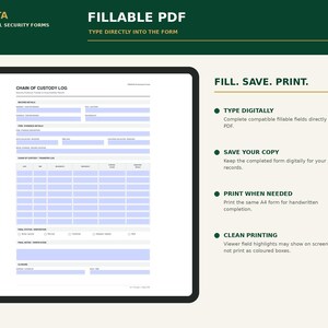 May include: A digital Chain of Custody Log fillable PDF form by Pirusta Professional Security Forms. The document features light blue fillable fields for record details and transfer logs, with instructions to type digitally, save, and print.