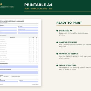 May include: A printable A4 security supervisor daily checklist form with sections for inspection details, a daily inspector checklist, identified issues, corrective actions, and inspector results, featuring light blue fields on a white background.