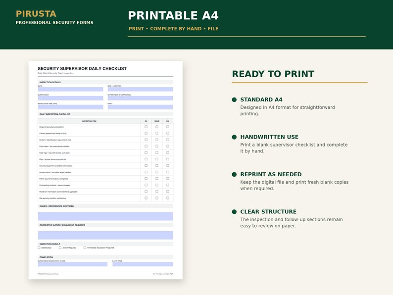 May include: A printable A4 security supervisor daily checklist form with sections for inspection details, a daily inspector checklist, identified issues, corrective actions, and inspector results, featuring light blue fields on a white background.