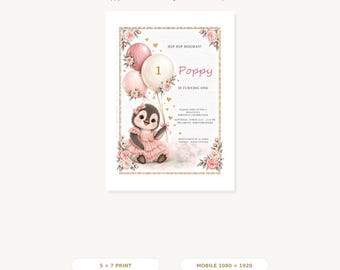 Uitnodiging voor de eerste verjaardag met roze pinguïn, bewerkbare Canva-sjabloon, inclusief print- en mobielvriendelijke versie.
