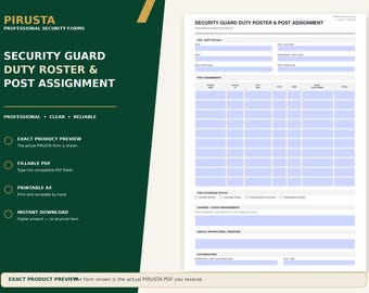 May include: A digital Security Guard Duty Roster & Post Assignment form by PIRUSTA. The document features sections for site details, shift information, post assignments in a grid, coverage status, cover arrangements, special instructions, and authorization.