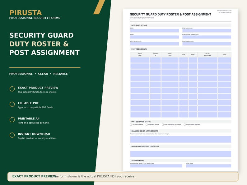 Puede incluir: Un formulario digital de lista de servicio de guardia de seguridad y asignaci&oacute;n de puestos de PIRUSTA. El documento incluye secciones para detalles del sitio, informaci&oacute;n de turnos, asignaciones de puestos en una cuadr&iacute;cula y autorizaci&oacute;n.