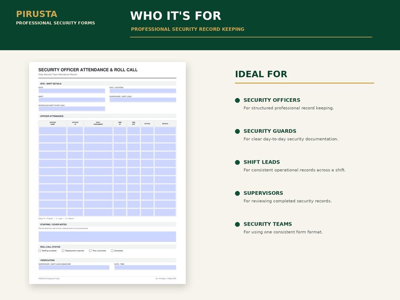 May include: A white security officer attendance and roll call form with light blue fillable fields. The document includes sections for shift details, officer attendance, staffing cover notes, roll call status, and verification signature lines.