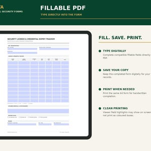 May include: A digital Security Licence & Credential Expiry Tracker fillable PDF form. The document features a table for tracking credentials, expiry dates, and status. Text includes PIRUSTA PROFESSIONAL SECURITY FORMS, FILLABLE PDF, and FILL. SAVE. PRINT.