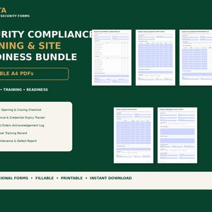Puede incluir: Un paquete de formación en cumplimiento de seguridad y preparación de sitio con 5 formularios PDF A4 rellenables. Los documentos incluyen una lista de verificación de apertura y cierre, seguimiento de licencias, registro de órdenes de puesto, registro de formación e informe de mantenimiento.
