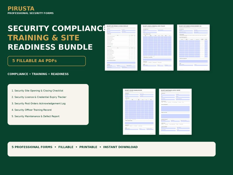 May include: A Security Compliance Training & Site Readiness bundle featuring 5 fillable A4 PDF forms. The documents include a Security Site Opening & Closing Checklist, Licence & Credential Expiry Tracker, Post Orders Acknowledgement Log, Training Record, and Maintenance & Defect Report.