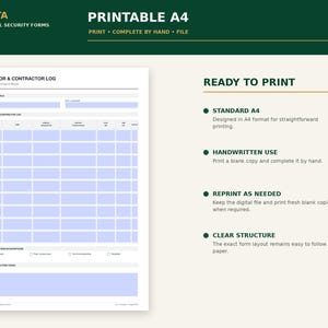 May include: A printable A4 visitor and contractor log form featuring a structured grid for date, time, name, company, and purpose of visit. The document includes sections for site details, access sign-in options, and notes, designed for manual entry.