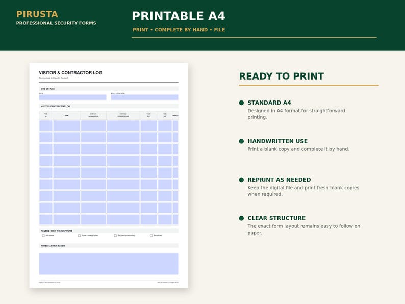 May include: A printable A4 visitor and contractor log form featuring a structured grid for date, time, name, company, and purpose of visit. The document includes sections for site details, access sign-in options, and notes, designed for manual entry.