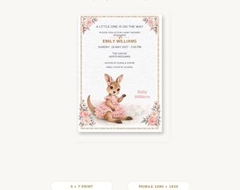 Bewerkbare uitnodiging voor een babyshower, Ruby Kangaroo Canva-sjabloon, printbare 5x7-versie en digitale uitnodiging voor mobiel