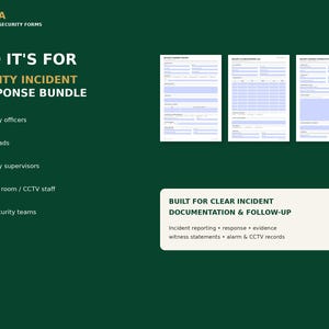 Op de afbeelding: Een donkergroene digitale afbeelding met de Pirusta Professional Security Forms-bundel. Het bevat drie witte beveiligingsrapportsjablonen, een lijst met doelrollen en de tekst: Who it's for Security Incident & Response Bundle, en Built for clear incident documentation & follow-up.