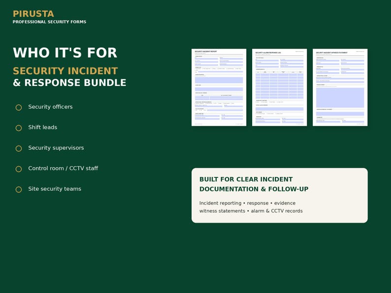 Op de afbeelding: Een donkergroene digitale afbeelding met de Pirusta Professional Security Forms-bundel. Het bevat drie witte beveiligingsrapportsjablonen, een lijst met doelrollen en de tekst: Who it's for Security Incident & Response Bundle, en Built for clear incident documentation & follow-up.