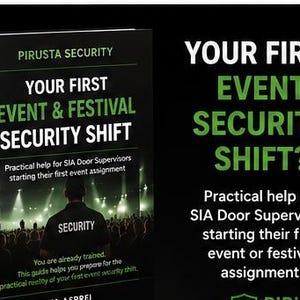 Könnte beinhalten: Ein schwarzes Buch mit dem Titel Your First Event & Festival Security Shift von Pirusta Security. Das Cover zeigt eine Person in Sicherheitsuniform vor einer Menschenmenge bei einem Konzert. Der Text enthält Practical help for SIA Door Supervisors starting their first event assignment und You are already trained. Dieser Leitfaden hilft bei der Vorbereitung auf die praktische Realität des ersten Sicherheitseinsatzes.