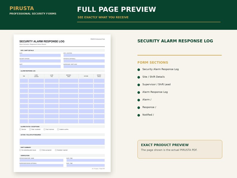 Peut inclure: Un formulaire de journal de r&eacute;ponse aux alarmes de s&eacute;curit&eacute; blanc avec des champs &agrave; remplir bleu clair. Le document comprend des sections pour les d&eacute;tails du site et de l'&eacute;quipe, les journaux d'alarme, le statut, les exceptions et les signatures.