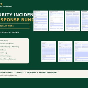 Könnte beinhalten: Ein digitales Bündel aus sieben ausfüllbaren A4-Sicherheitsformularen von Pirusta. Das Set enthält einen Sicherheitsvorfallbericht, ein Notfallprotokoll, ein Nachverfolgungsprotokoll, ein Beweismittelprotokoll, ein CCTV-Protokoll und Zeugenaussagen.