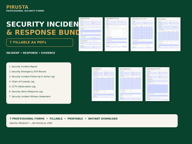Op de afbeelding: Een digitale bundel van zeven invulbare A4-beveiligingsformulieren van Pirusta. De set bevat een incidentrapport, een noodprotocol, een opvolgingslogboek, een logboek voor bewijsketens, een CCTV-logboek, een alarmresponslogboek en een getuigenverklaring.