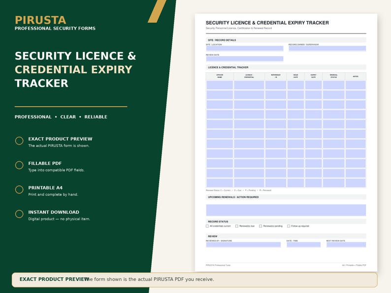 May include: A white Security Licence & Credential Expiry Tracker form with a dark green sidebar featuring the text PIRUSTA PROFESSIONAL SECURITY FORMS. The document includes sections for site details, a grid for tracking credentials, and renewal status.