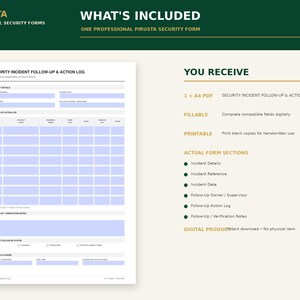 以下が含まれることがあります： セキュリティインシデントのフォローアップおよびアクションログ用のデジタルA4 PDFフォーム。インシデント詳細、水色の入力可能フィールドを備えたアクションログ表、確認メモ、フォローアップ状況のチェックボックス、およびレビューと完了のためのフィールドで構成されています。