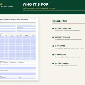 Puede incluir: Un documento blanco titulado Security Guard Duty Roster & Post Assignment con campos de color azul claro para completar detalles del sitio, informaci&oacute;n de turnos y asignaciones de puestos. Incluye secciones para estado de cobertura y autorizaci&oacute;n.
