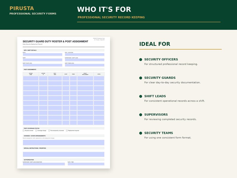 Puede incluir: Un documento blanco titulado Security Guard Duty Roster & Post Assignment con campos de color azul claro para completar detalles del sitio, informaci&oacute;n de turnos y asignaciones de puestos. Incluye secciones para estado de cobertura y autorizaci&oacute;n.