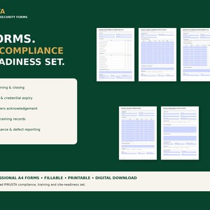 May include: A set of five professional security forms by PIRUSTA on a dark green background. The forms include site opening and closing, license expiry, post orders, training records, and maintenance reporting. These are A4 fillable digital documents.