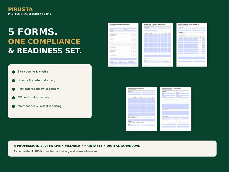 May include: A set of five professional security forms by PIRUSTA on a dark green background. The forms include site opening and closing, license expiry, post orders, training records, and maintenance reporting. These are A4 fillable digital documents.