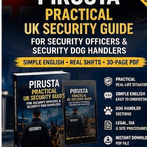 Könnte beinhalten: Ein 30-seitiger digitaler PDF-Leitfaden mit dem Titel PIRUSTA PRACTICAL UK SECURITY GUIDE FOR SECURITY OFFICERS & SECURITY DOG HANDLERS. Das Cover zeigt einen Sicherheitsmitarbeiter und einen Hund sowie Text zu einfachem Englisch und echten Schichten.