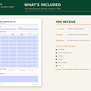 May include: A digital Visitor & Contractor Log form in A4 size, featuring a grid layout for tracking site details, company names, visit purposes, and visitor names. The document includes sections for sign-in exceptions and notes, with fillable fields.