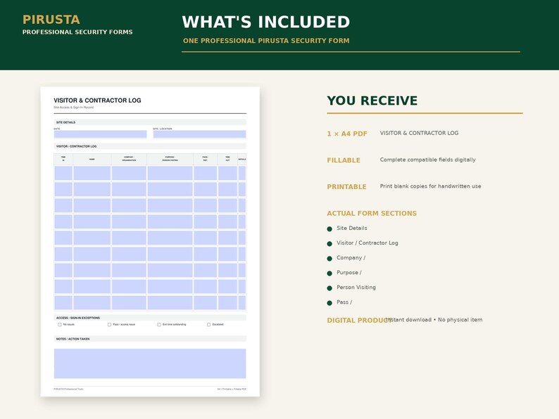 May include: A digital Visitor & Contractor Log form in A4 size, featuring a grid layout for tracking site details, company names, visit purposes, and visitor names. The document includes sections for sign-in exceptions and notes, with fillable fields.