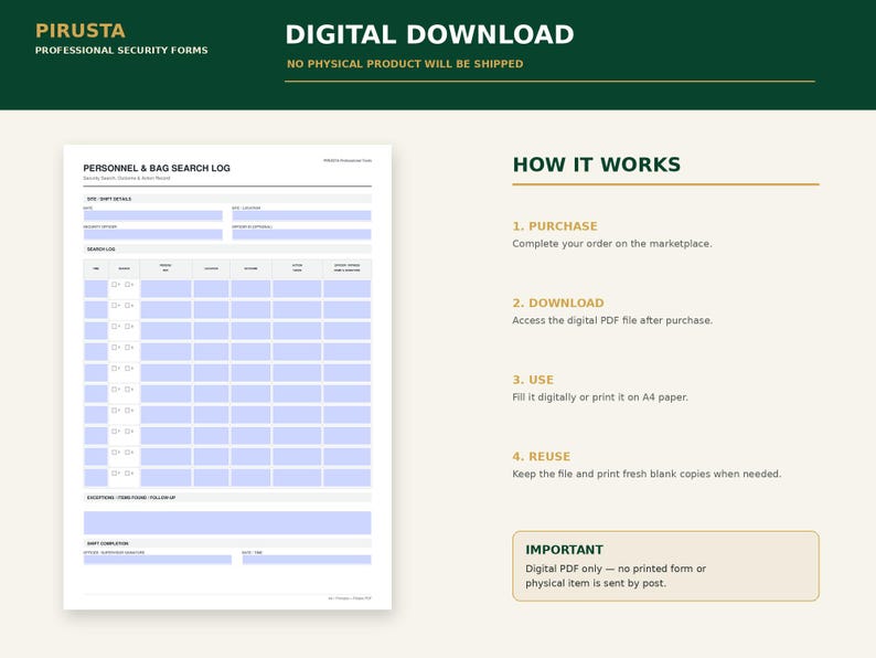 May include: A digital download of a Personnel & Bag Search Log security form. The document features a white background with light blue input fields, organised into sections for shift details, a search log table, and shift completion signatures.
