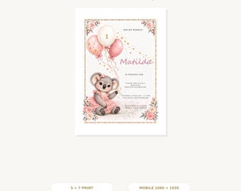 Roze koala uitnodiging voor de eerste verjaardag, bewerkbare Canva-sjabloon, 5x7 inch printformaat en inclusief mobielvriendelijk formaat.