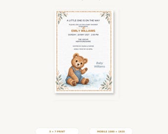 Bewerkbare uitnodiging voor een babyshower, Oliver Bear Canva-sjabloon, printbare 5x7-versie en digitale uitnodiging voor mobiel