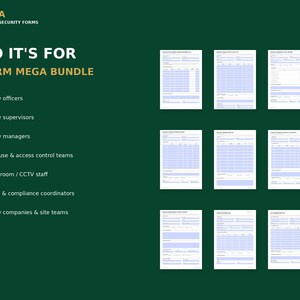 Może przedstawiać: Cyfrowy zestaw dokument&oacute;w zatytułowany PIRUSTA PROFESSIONAL SECURITY FORMS WHO IT'S FOR 25-FORM MEGA BUNDLE. Ciemnozielona grafika wymienia siedem grup docelowych, w tym pracownik&oacute;w ochrony i menedżer&oacute;w, obok dziewięciu białych szablon&oacute;w dokument&oacute;w.