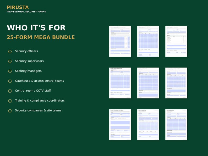 Może przedstawiać: Cyfrowy zestaw dokument&oacute;w zatytułowany PIRUSTA PROFESSIONAL SECURITY FORMS WHO IT'S FOR 25-FORM MEGA BUNDLE. Ciemnozielona grafika wymienia siedem grup docelowych, w tym pracownik&oacute;w ochrony i menedżer&oacute;w, obok dziewięciu białych szablon&oacute;w dokument&oacute;w.