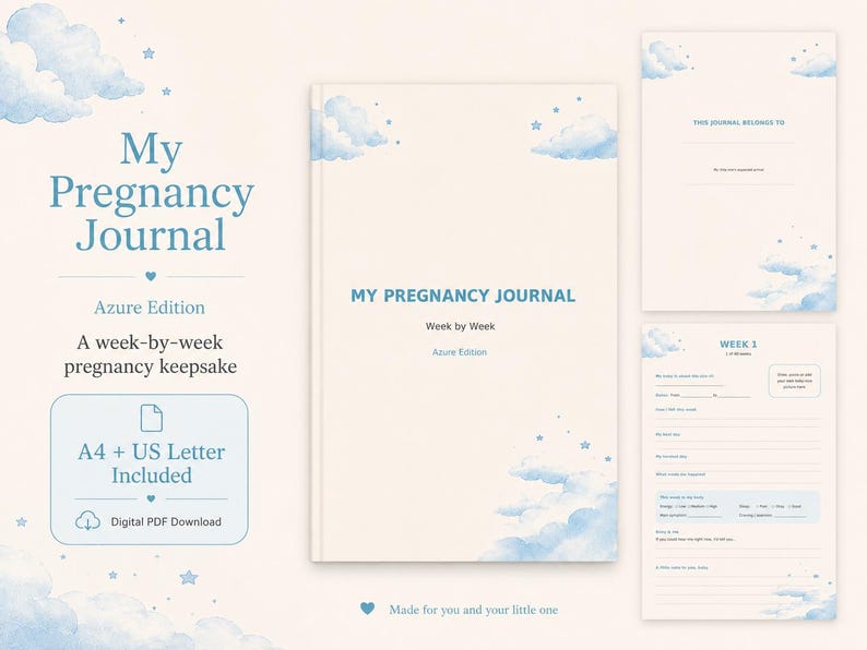 May include: A digital pregnancy journal titled My Pregnancy Journal Azure Edition, featuring a cream background with blue watercolor clouds and stars. The set includes a cover page, a title page, and a Week 1 template page with lines for notes.