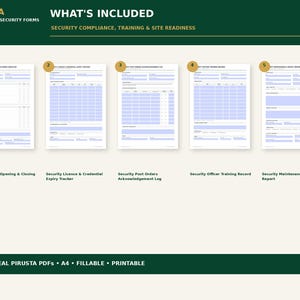 May include: Five white A4 fillable and printable security forms by Pirusta. The set includes a Security Site Opening & Closing Checklist, Security Licence & Credential Expiry Tracker, Security Post Orders Acknowledgement Log, Security Officer Training Record, and Security Maintenance & Defect Report.