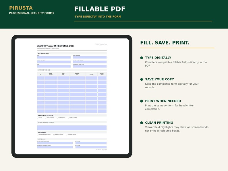 Peut inclure: Un formulaire de journal de r&eacute;ponse aux alarmes de s&eacute;curit&eacute; au format PDF remplissable. Le document comprend des sections pour les d&eacute;tails du site, les journaux d'alarme, les exceptions et les actions. Texte : PIRUSTA, FILLABLE PDF, FILL. SAVE. PRINT.