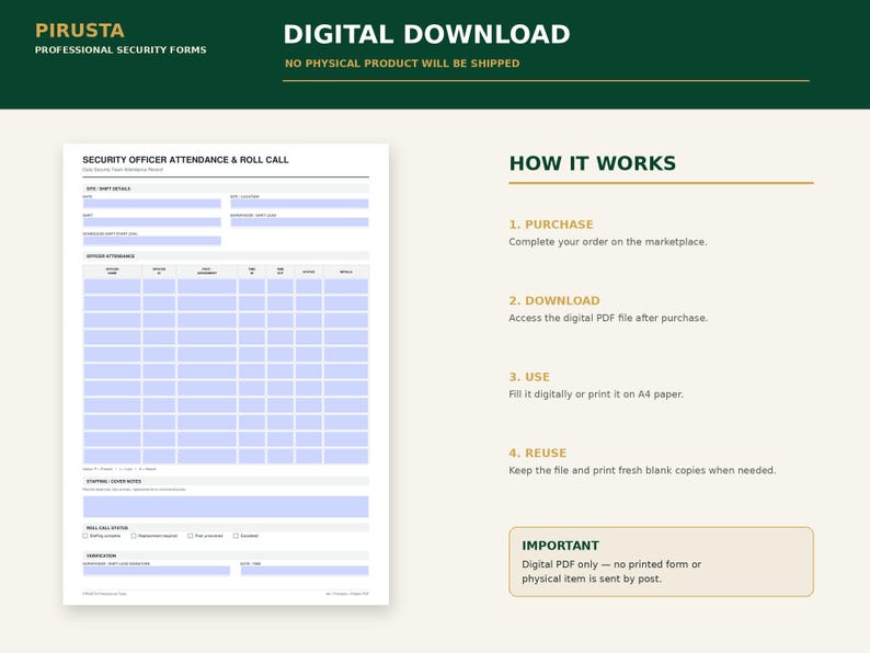 May include: A digital download template for a Security Officer Attendance and Roll Call form. The document features sections for shift details, officer attendance, staffing notes, and verification, with light blue fields for data entry.