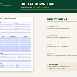 May include: A digital download of a Security Daily Activity Report form. The document features a white background with light blue fillable fields, organized into sections for shift details, activity logs, incident exceptions, and shift completion signatures.